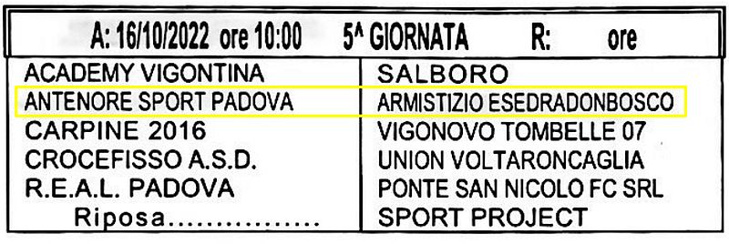 5^ Giornata Armistizio Esedra don Bosco Padova Giovanissimi Provinciali U15 Girone C SS 2022